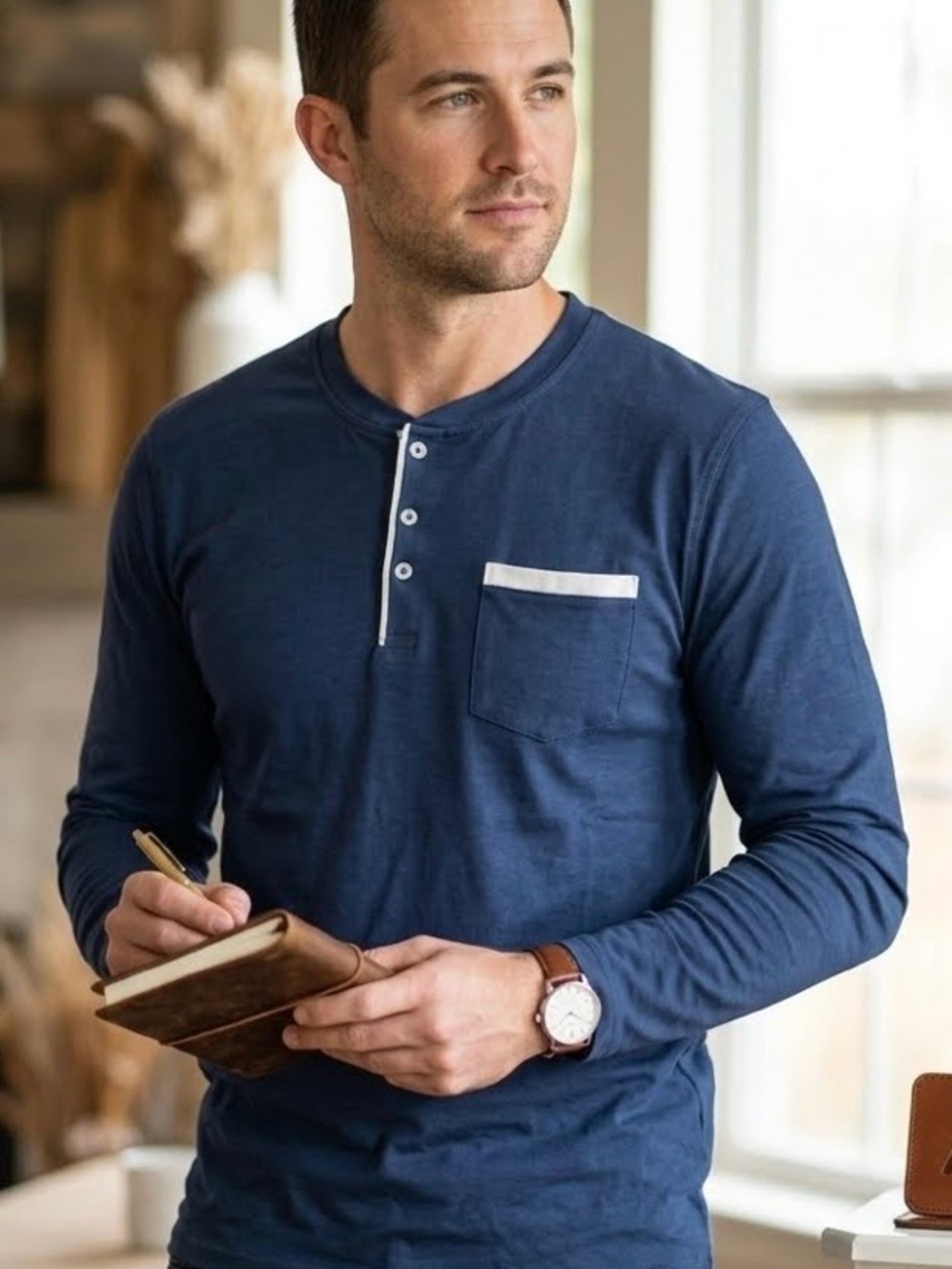Men's Long Sleeve Navy Henley Pocket Shirt W/Contrast Trim By Mister New York